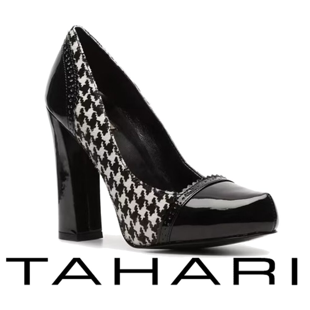 TAHARI "Avenue" Black White Calf Hair Houndstooth & Patent Block Heels